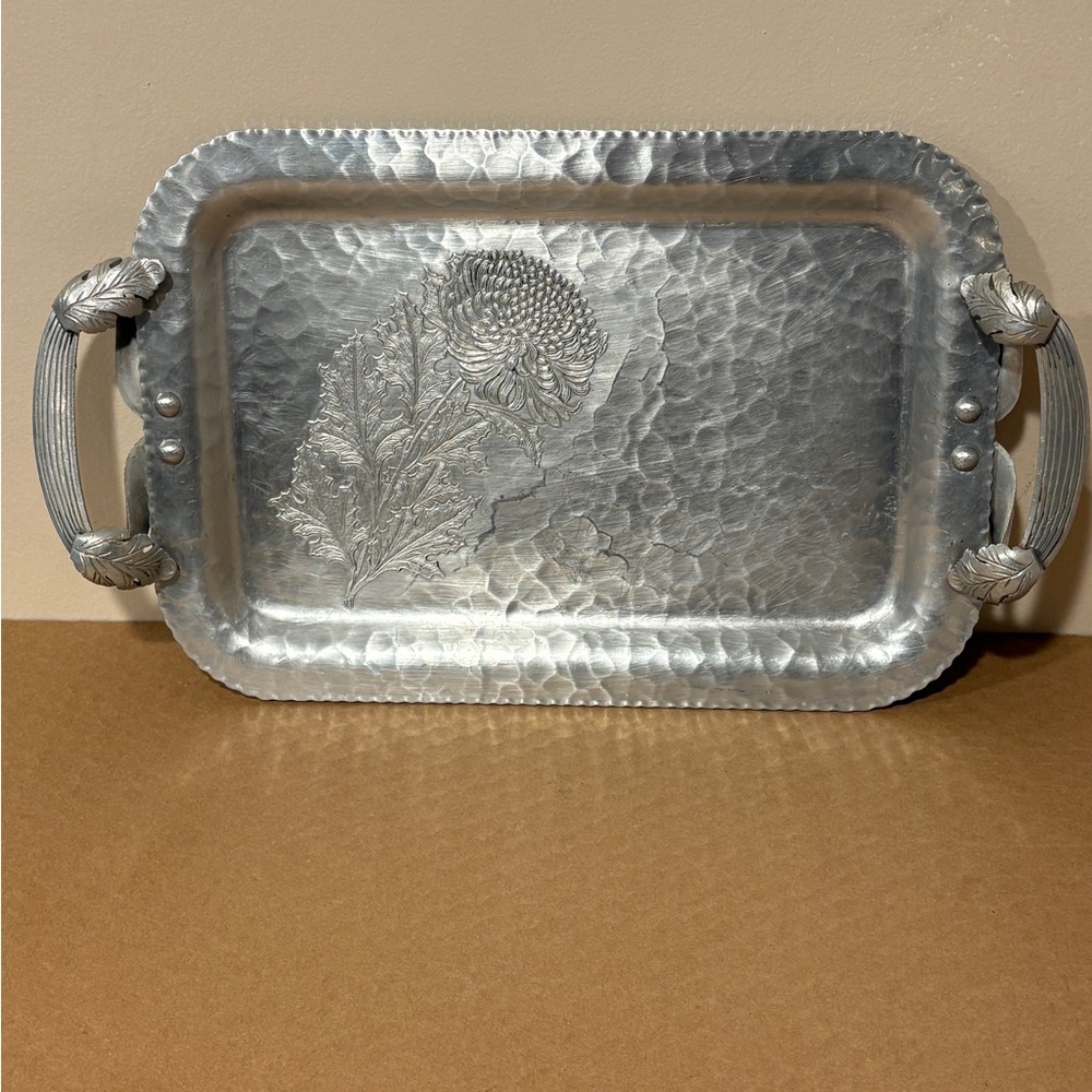 Silver Hammered Aluminum Metal Tray with Chrysanthemum Floral Design #735
